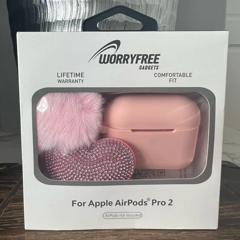 Apple AirPods Pro 2 Silicone Case with Bling Heart and Fur Pom- Pink